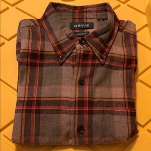 Orvis Classic Fit Cotton Flannel Shirt – Gray/Burgundy Plaid – Size M